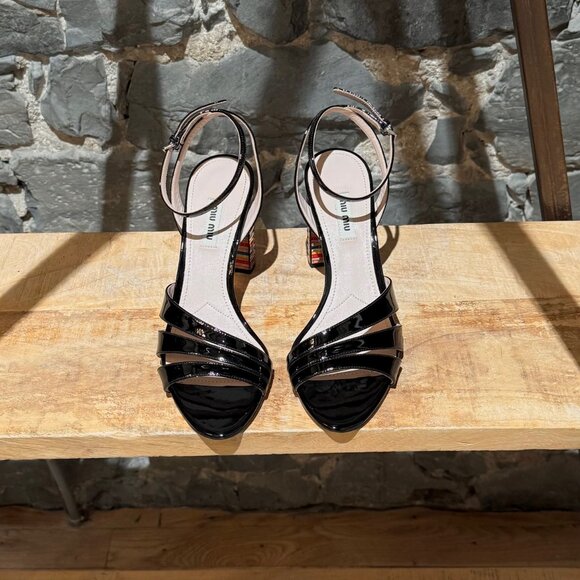Miu Miu Black Patent Multicolour Heel Sandals - Picture 3 of 12